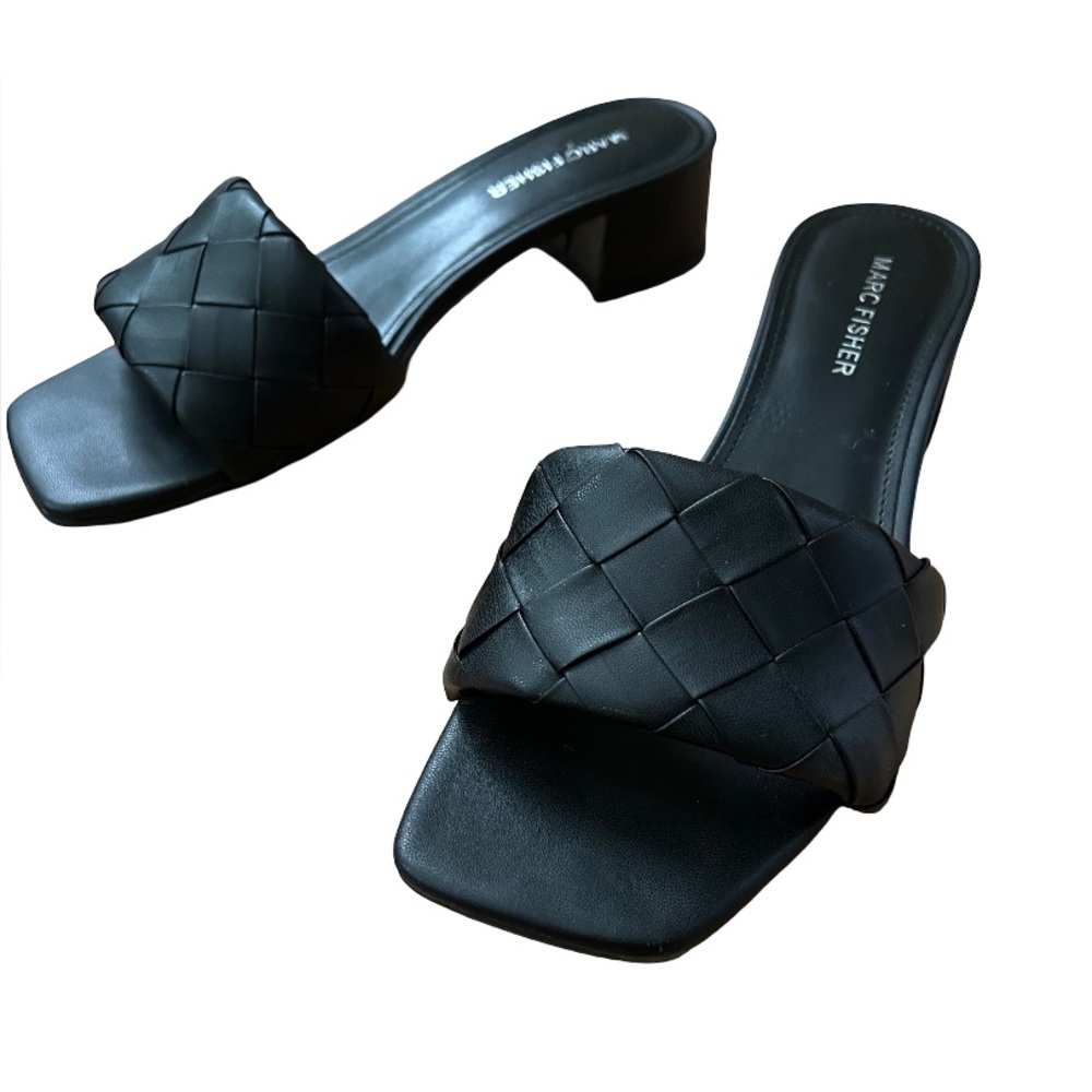 Marc Fisher Black Heeled Mules with Woven Design